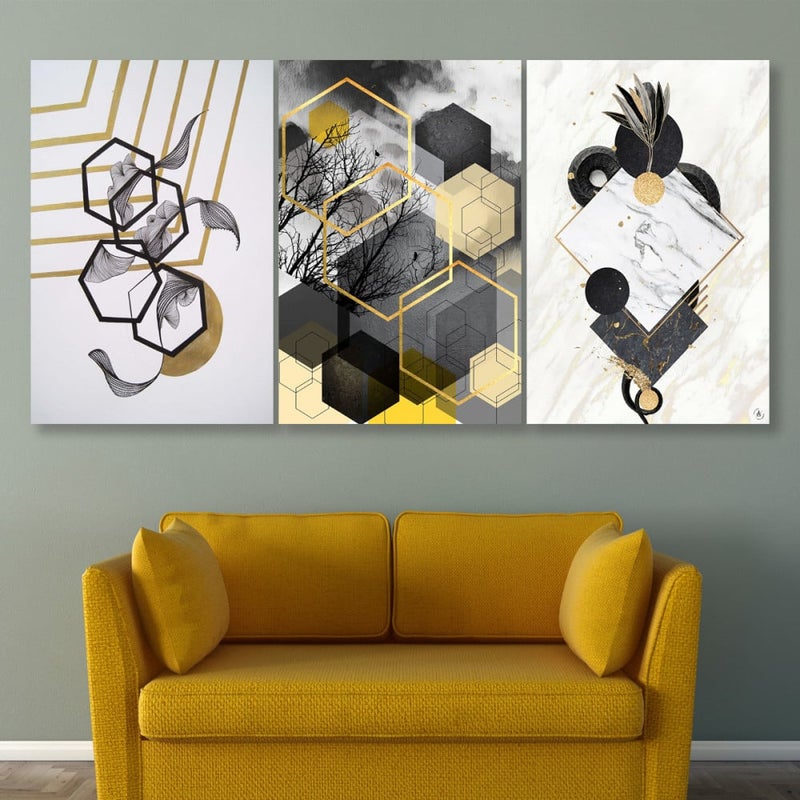 Marktna Three canvas panels with a geometric design and a hollow frame, measuring (120×60), three pieces - Image 1