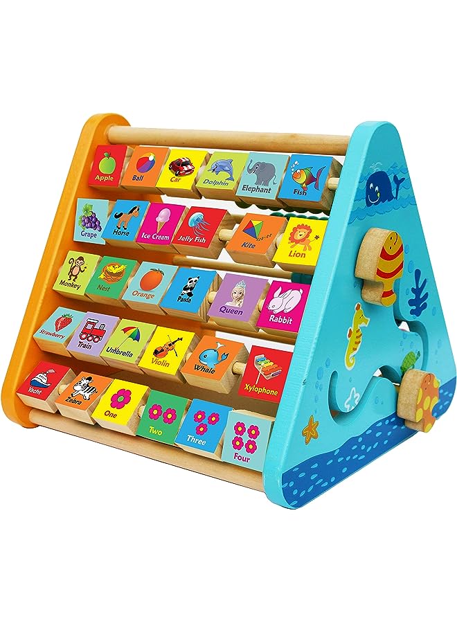 vesus Activity Centre Triangle Toys - Wooden Alphabet Blocks Abacus Clock - Activity Cube for Toddlers 5 in 1-Wooden Activity Toys for Babies Learning-Wooden Toys for 1 Year Old - Image 1