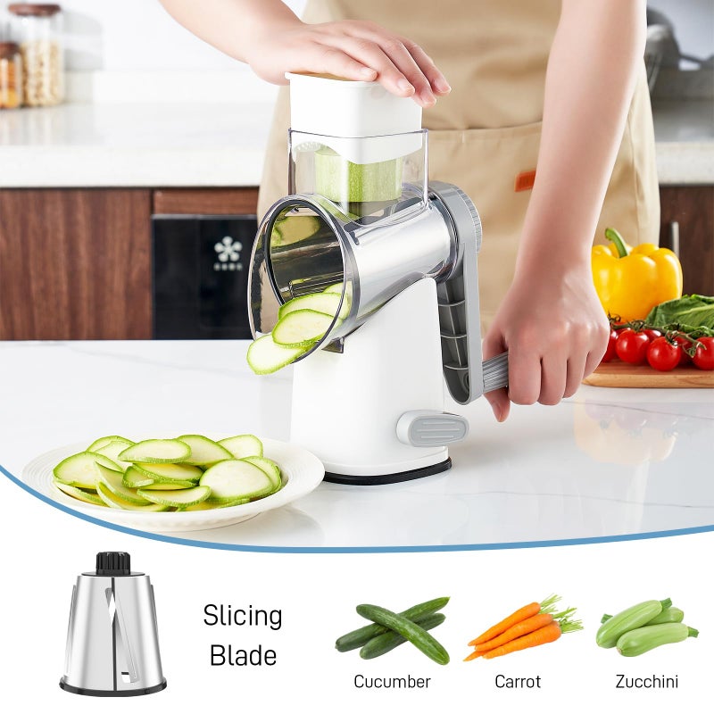 VEKAYA Cheese Grater, Cheese Grater Hand Crank, 4 Interchangeable Blades Cheese Shredder, Vegetable Slicer, Non-slip Suction Base, Easy to Clean Rotary Grater with Handle (White Grey) - Image 4