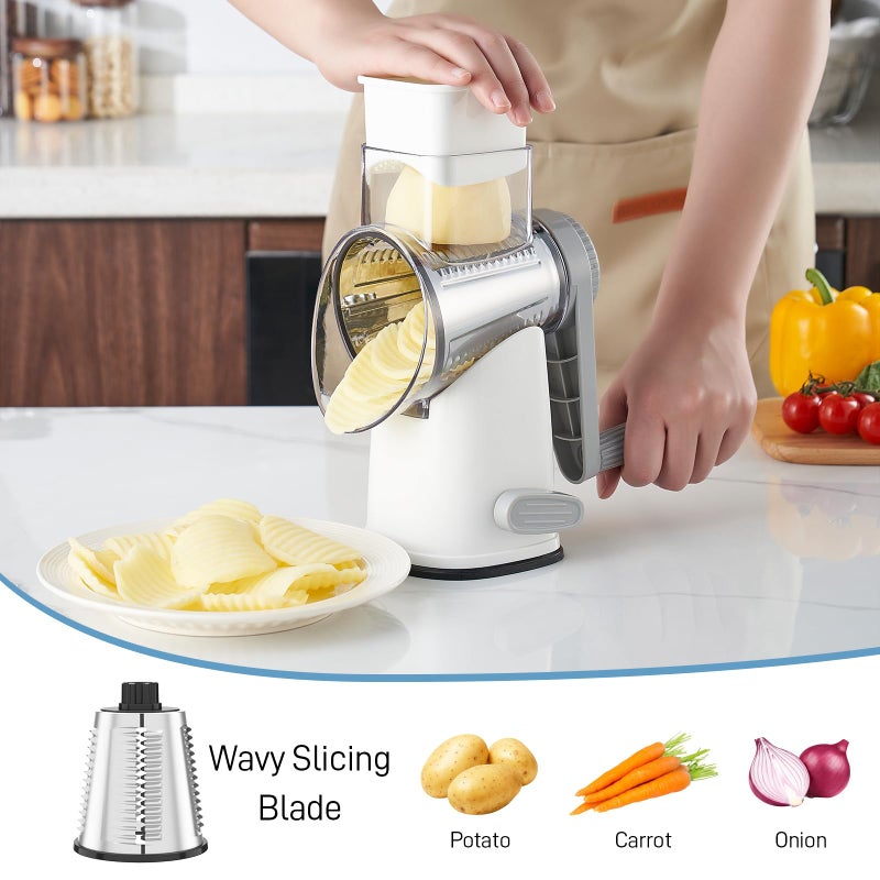 VEKAYA Cheese Grater, Cheese Grater Hand Crank, 4 Interchangeable Blades Cheese Shredder, Vegetable Slicer, Non-slip Suction Base, Easy to Clean Rotary Grater with Handle (White Grey) - Image 5