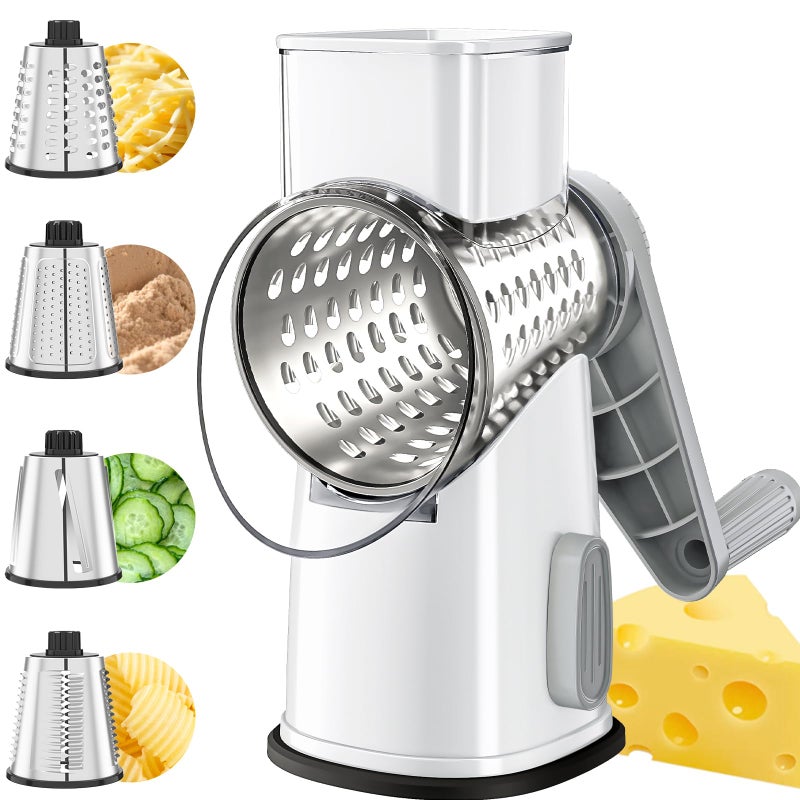 VEKAYA Cheese Grater, Cheese Grater Hand Crank, 4 Interchangeable Blades Cheese Shredder, Vegetable Slicer, Non-slip Suction Base, Easy to Clean Rotary Grater with Handle (White Grey) - Image 1