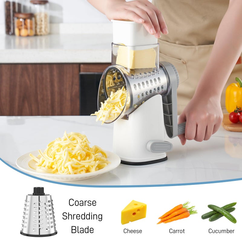 VEKAYA Cheese Grater, Cheese Grater Hand Crank, 4 Interchangeable Blades Cheese Shredder, Vegetable Slicer, Non-slip Suction Base, Easy to Clean Rotary Grater with Handle (White Grey) - Image 3