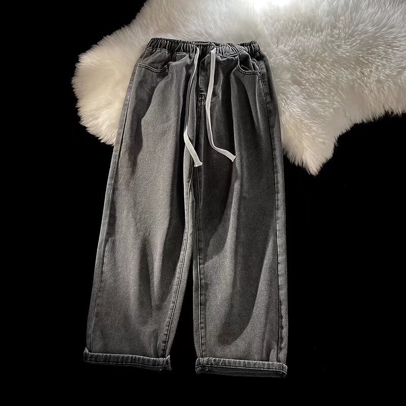 Trendy Brand Jeans Mens Loose Straight Pants for Spring, Autumn and Winter Ins Trendy High Street Fashion Mens Casual Pants Grey fleece-lined - Image 5