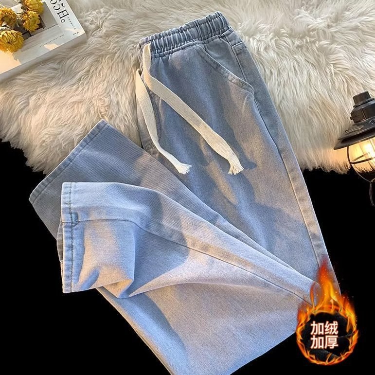 Trendy Brand Jeans Mens Loose Straight Pants for Spring, Autumn and Winter Ins Trendy High Street Fashion Mens Casual Pants Grey fleece-lined - Image 3