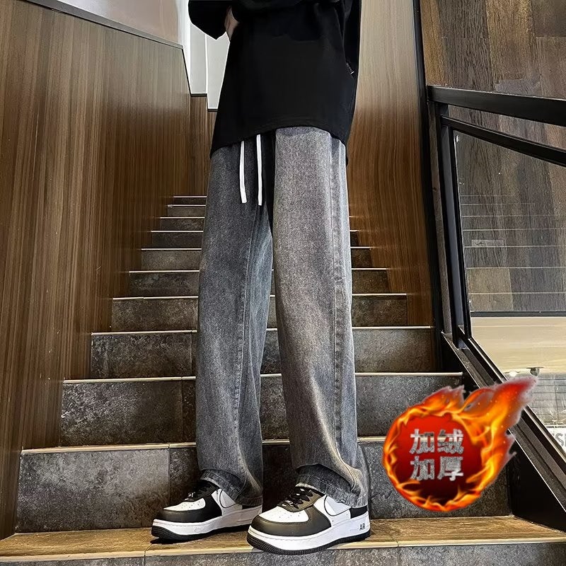 Trendy Brand Jeans Mens Loose Straight Pants for Spring, Autumn and Winter Ins Trendy High Street Fashion Mens Casual Pants Grey fleece-lined - Image 1