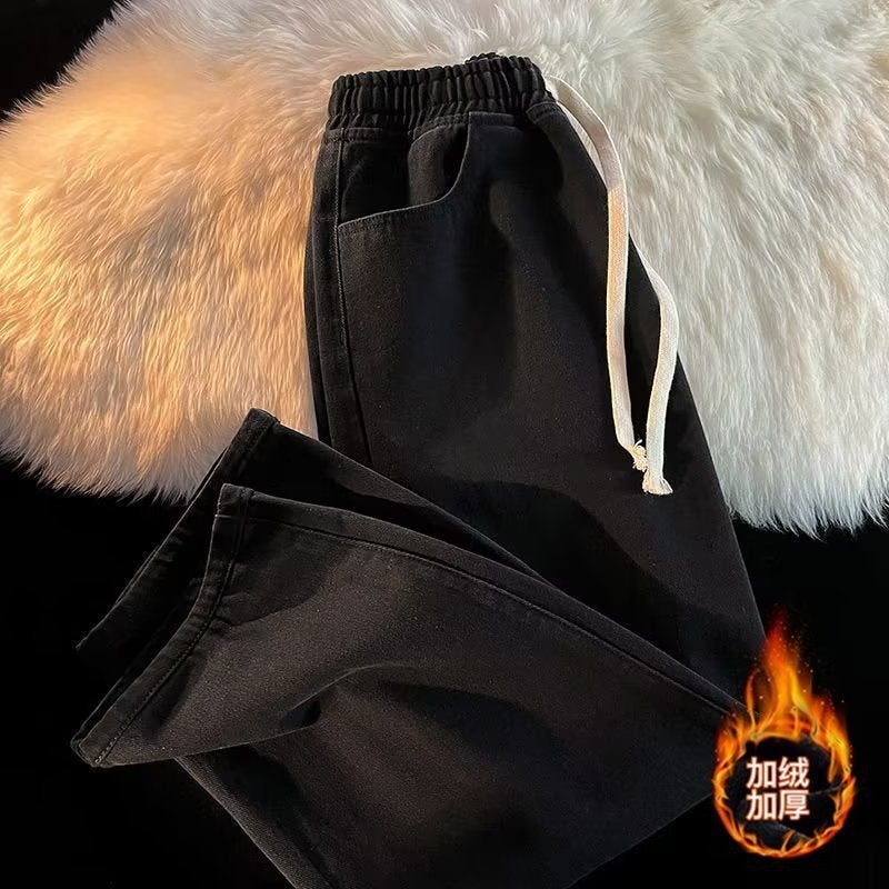 Trendy Brand Jeans Mens Loose Straight Pants for Spring, Autumn and Winter Ins Trendy High Street Fashion Mens Casual Pants Grey fleece-lined - Image 2