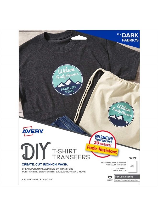 AVERY Avery Printable T-Shirt Transfers, For Use on Dark Fabrics, Inkjet Printers, 5 Paper Transfers (3279) - Image 1