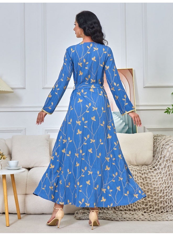 Madam Uniq Blue V-Neck Long Sleeve Muslim Embroidered Maxi Dress for Women  - Image 2