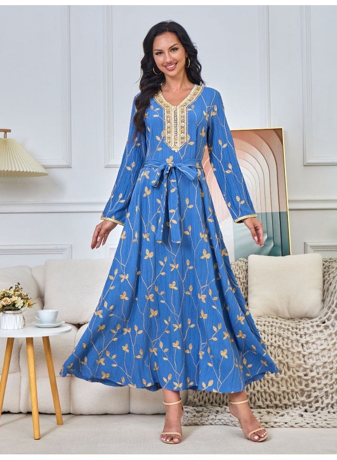 Madam Uniq Blue V-Neck Long Sleeve Muslim Embroidered Maxi Dress for Women  - Image 1