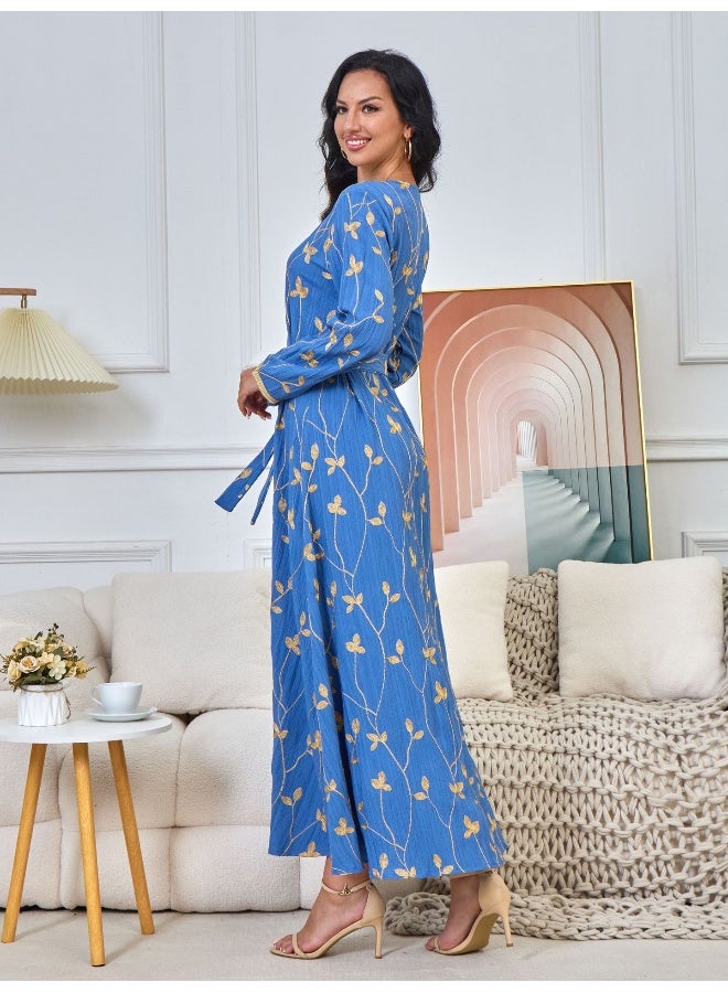 Madam Uniq Blue V-Neck Long Sleeve Muslim Embroidered Maxi Dress for Women  - Image 3