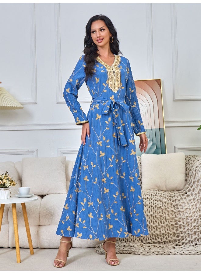 Madam Uniq Blue V-Neck Long Sleeve Muslim Embroidered Maxi Dress for Women  - Image 5