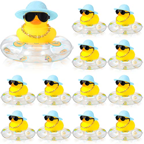 Sotiff 12 Sets Mini Rubber Ducks Bulk for Kids Children Cute Yellow Duck Toy Dashboard of Car Ornaments with Sunglasses Swim Ring Mini Hat Necklace Gift for Summer Birthday Party Favor (Cute) - Image 1