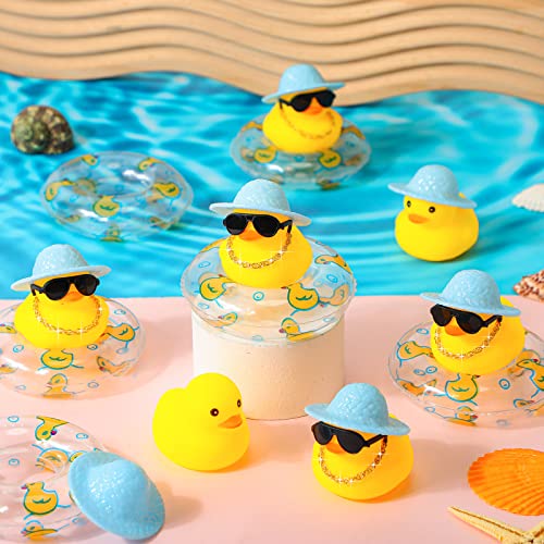 Sotiff 12 Sets Mini Rubber Ducks Bulk for Kids Children Cute Yellow Duck Toy Dashboard of Car Ornaments with Sunglasses Swim Ring Mini Hat Necklace Gift for Summer Birthday Party Favor (Cute) - Image 3