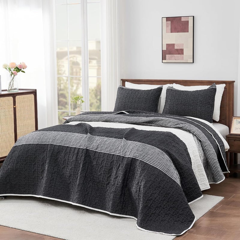 Andency Queen Quilt Set Black and White 3 Pieces Grey Striped Ultra Soft Summer Lightweight Bedspreads Coverlets Set Patchwork Quilted Bedding Sets for All Seasons 90x96