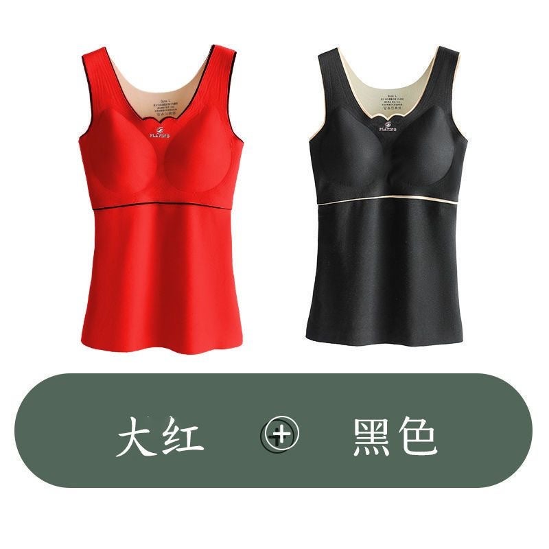 De Rong Oxygen-friendly 2.0 Thermal Vest Womens fleece-lined Thickened with Chest Pad Autumn and Winter Inner Base Thermal Underwear for Women Black+red 