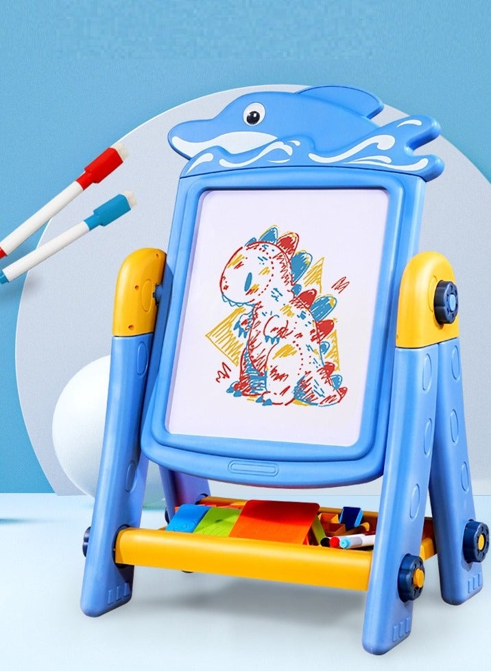 HALAMODO Rotating double-sided magnetic blackboard Easel, Multifunctional Children's drawing board Toys, Adjustable standing art easel with painting accessories and blocks, for toddlers boys and girls