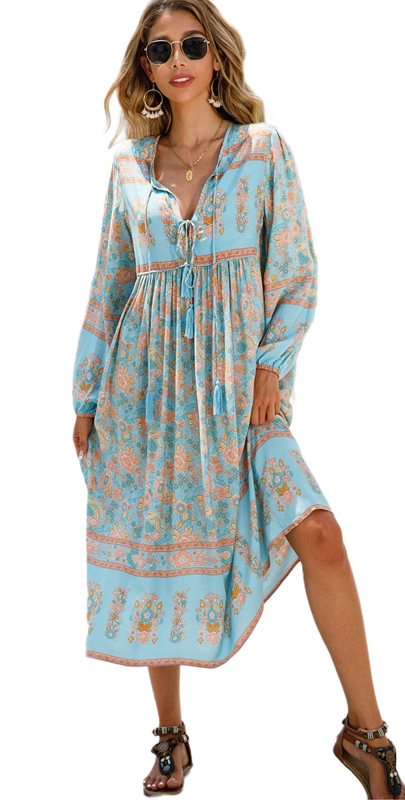 R.Vivimos Women's Long Sleeve Floral Print Retro V Neck Tassel Bohemian Midi Dresses (2XLarge, SkyBlue#1) - Image 1