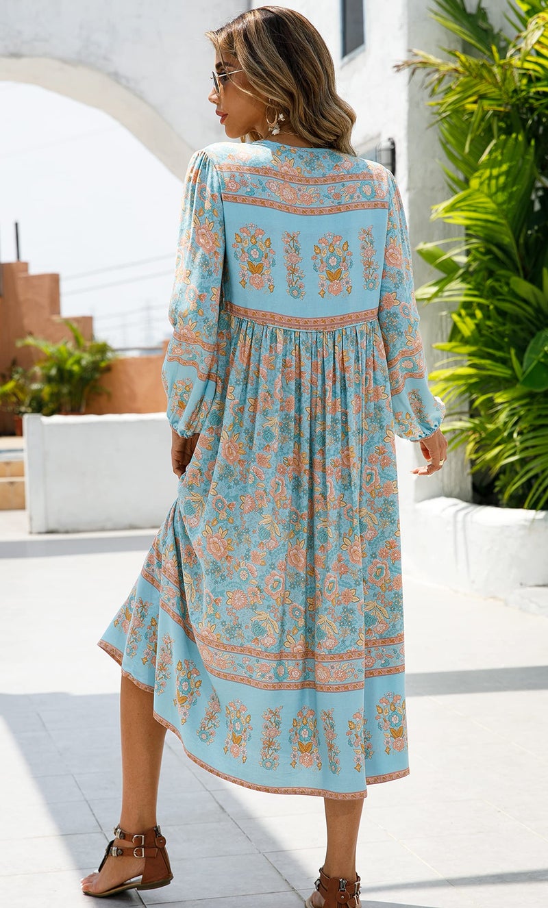 R.Vivimos Women's Long Sleeve Floral Print Retro V Neck Tassel Bohemian Midi Dresses (2XLarge, SkyBlue#1) - Image 3