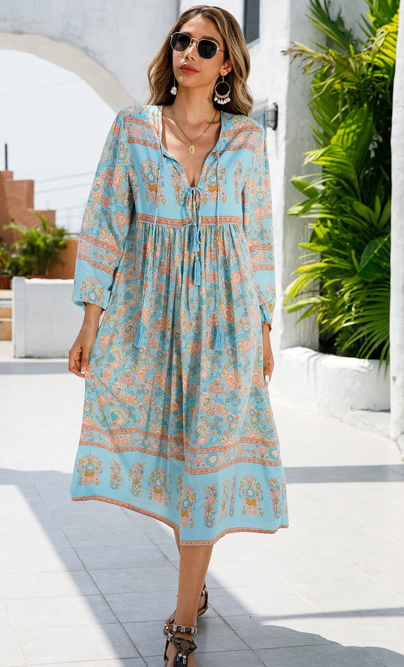 R.Vivimos Women's Long Sleeve Floral Print Retro V Neck Tassel Bohemian Midi Dresses (2XLarge, SkyBlue#1) - Image 4