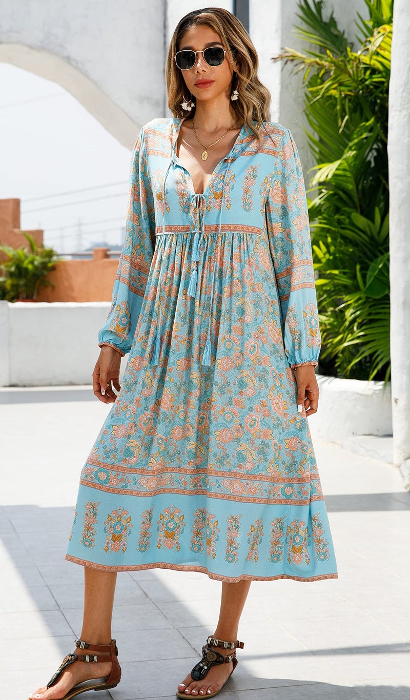 R.Vivimos Women's Long Sleeve Floral Print Retro V Neck Tassel Bohemian Midi Dresses (2XLarge, SkyBlue#1) - Image 2
