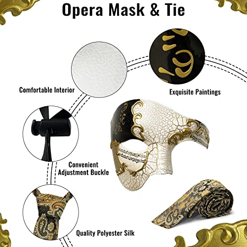 HyperFun Mens Masquerade Mask Phantom of The Opera Mask and Silk Necktie Set Venetian Half Face Masquerade Masks for Costume Parties (Earl of Black Gold) - Image 4
