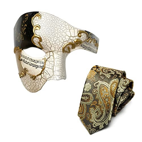 HyperFun Mens Masquerade Mask Phantom of The Opera Mask and Silk Necktie Set Venetian Half Face Masquerade Masks for Costume Parties (Earl of Black Gold) - Image 1