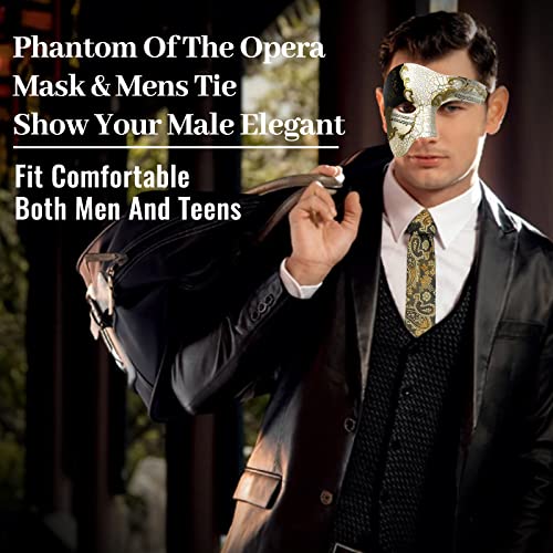HyperFun Mens Masquerade Mask Phantom of The Opera Mask and Silk Necktie Set Venetian Half Face Masquerade Masks for Costume Parties (Earl of Black Gold) - Image 5