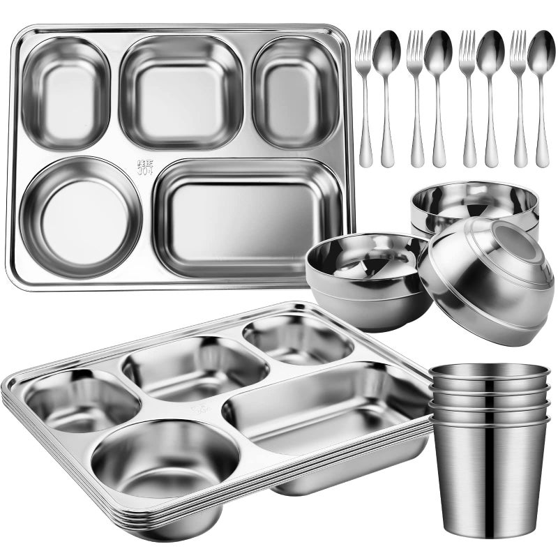 Potchen 20 Pcs Stainless Steel Plates Bowls Cups Spoons Forks 304 Stainless Steel Dinnerware Set Divided Plates Dinner Tray for Home Kitchen Restaurant - Image 1