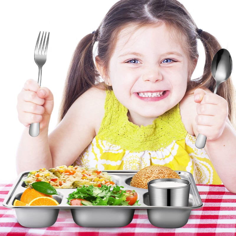 Potchen 20 Pcs Stainless Steel Plates Bowls Cups Spoons Forks 304 Stainless Steel Dinnerware Set Divided Plates Dinner Tray for Home Kitchen Restaurant - Image 5