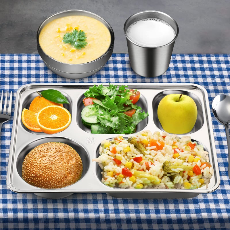 Potchen 20 Pcs Stainless Steel Plates Bowls Cups Spoons Forks 304 Stainless Steel Dinnerware Set Divided Plates Dinner Tray for Home Kitchen Restaurant - Image 4