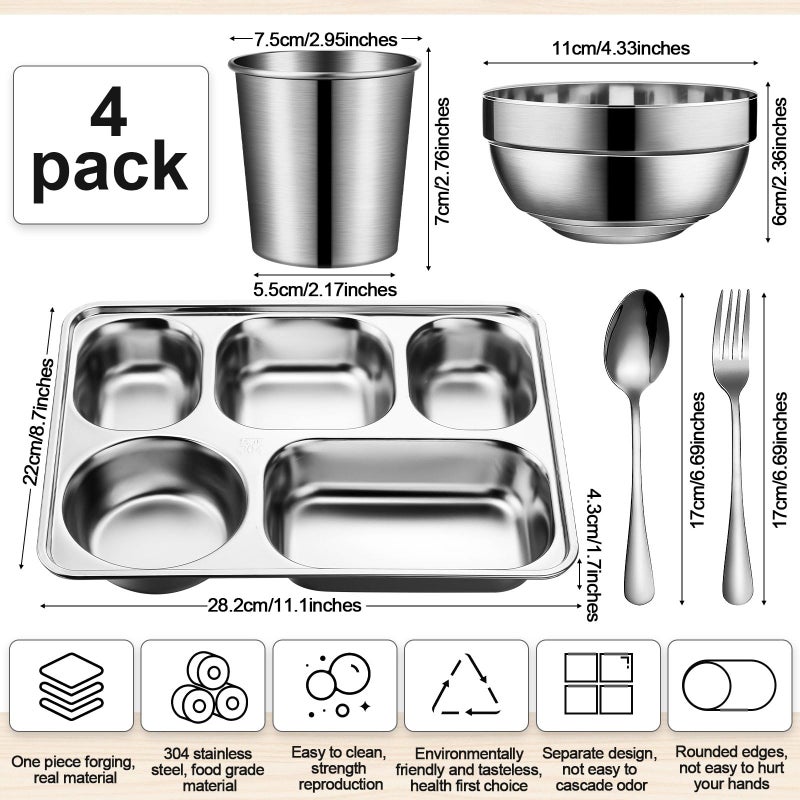 Potchen 20 Pcs Stainless Steel Plates Bowls Cups Spoons Forks 304 Stainless Steel Dinnerware Set Divided Plates Dinner Tray for Home Kitchen Restaurant - Image 3