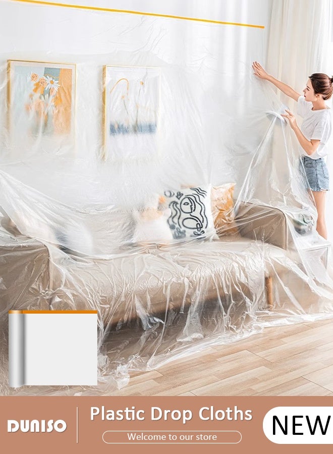 DUNISO 2.7M x 25M Tape and Drape, Plastic Drop Cloth Plastic Sheeting with Masking Tape,Waterproof Dust-Proof Protective Masking Film,Prevent Dust Paint Cover for Car,Furniture,Carpet,Floor,Bed - Image 1