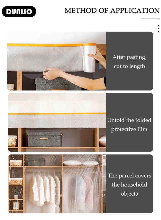 DUNISO 2.7M x 25M Tape and Drape, Plastic Drop Cloth Plastic Sheeting with Masking Tape,Waterproof Dust-Proof Protective Masking Film,Prevent Dust Paint Cover for Car,Furniture,Carpet,Floor,Bed - Image 4
