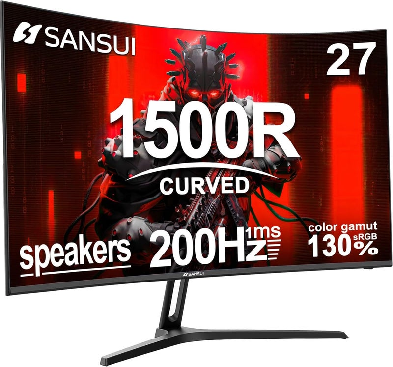 Sansui شاشة ألعاب منحنية 27 بوصة 180 هرتز 1 مللي ثانية مع مكبرات صوت FHD 1080P شاشة كمبيوتر FreeSync|1500R|130% sRGB|HDR|ضوء أزرق منخفض|منافذ HDMI DP|تركيب VESA|حامل معدني (ES-G27C1 كابل HDMI متضمن) - Image 1