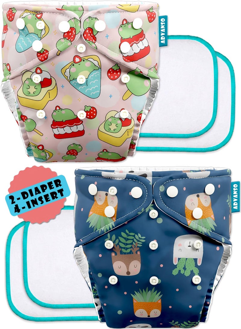 Advanso Leakage Proof cloth diapers for babies, high absorbent 2 reusable diaper 4 insert pad combo pack washable cloth diaper free size 5-18kg adjustable pocket cover P65 - Image 1