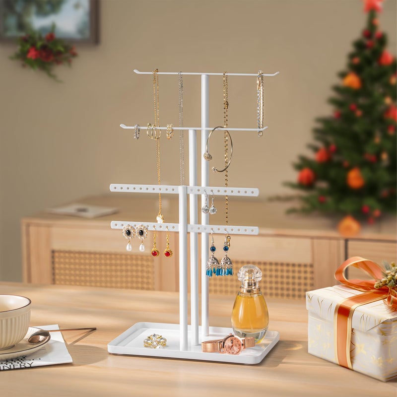 pickpiff Jewelry Stand Organizer, 14.5" Tall Sturdy Metal, 3-TierJewelry Holder for Necklace, Earring, Bracelet, Ring, Hanger for Display and Storage, Aesthetic Room Decor, White - Image 2