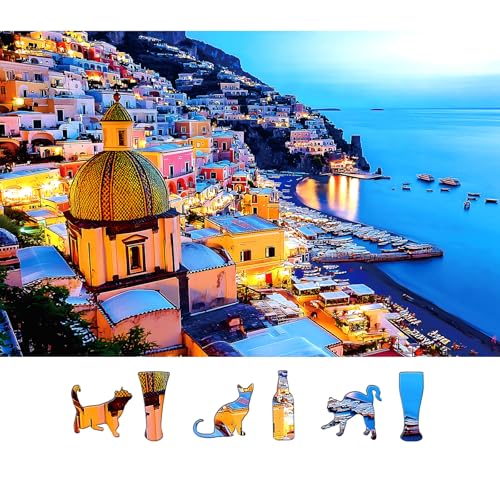 MINIWAN 500 Piece Jigsaw Puzzles for Adults Italian Coastal Town Night View 23x15 Inch Art Puzzle with Vibrant Lights Seaside Scenery Challenging Adult Puzzles for Home Decor or Gifts - Image 1