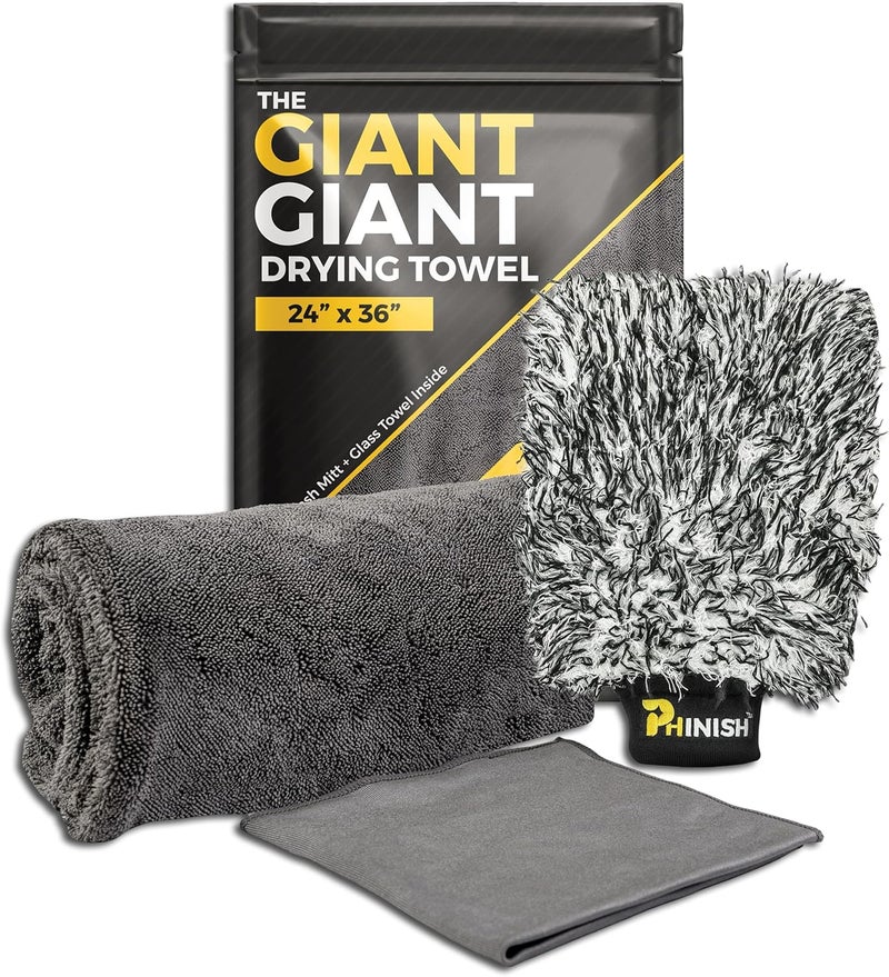 Phinish The Giant Giant 24"x36" Car Drying Towel – Ultra Absorbent 1200 GSM Twisted Loop Microfiber, Scratch-Free, Streak-Free, 70/30 Korean Blend – Includes Wash Mitt & Glass Towel for Auto Detailing - Image 1