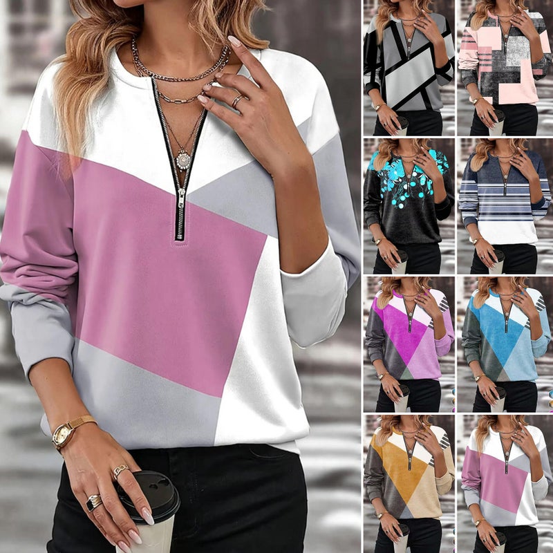 2025 Wish Cross-Border Autumn and Winter Color Matching Loose Zipper Long-Sleeved V Neck Sweatshirt Women''s Ready Stock - Image 2