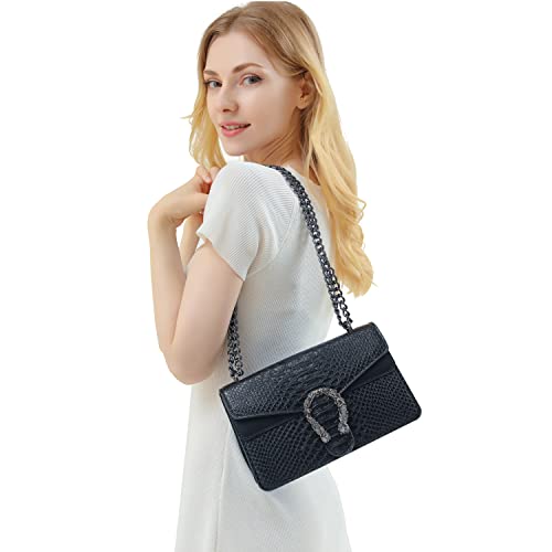 DEEPMEOW Leather Shoulder Bag Chain Purse for Women - Fashion Crossbody Bags Vintage Snake Print Underarm Bag Square Satchel Clutch Handbag（Black） - Image 2