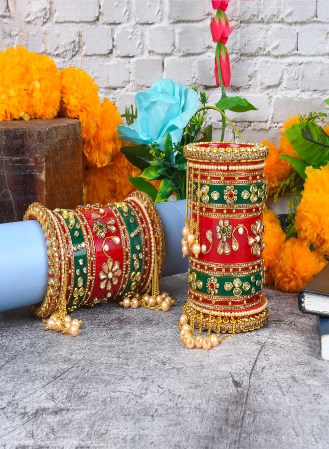 EMERY Red Bridal Chuda with Pearl Latkan Bangles Set, Pack of 38, 7 Color Options, Rajwada Design, Plastic Base, for Weddings, Engagements & Festivals (GREEN, 2.4) - Image 5