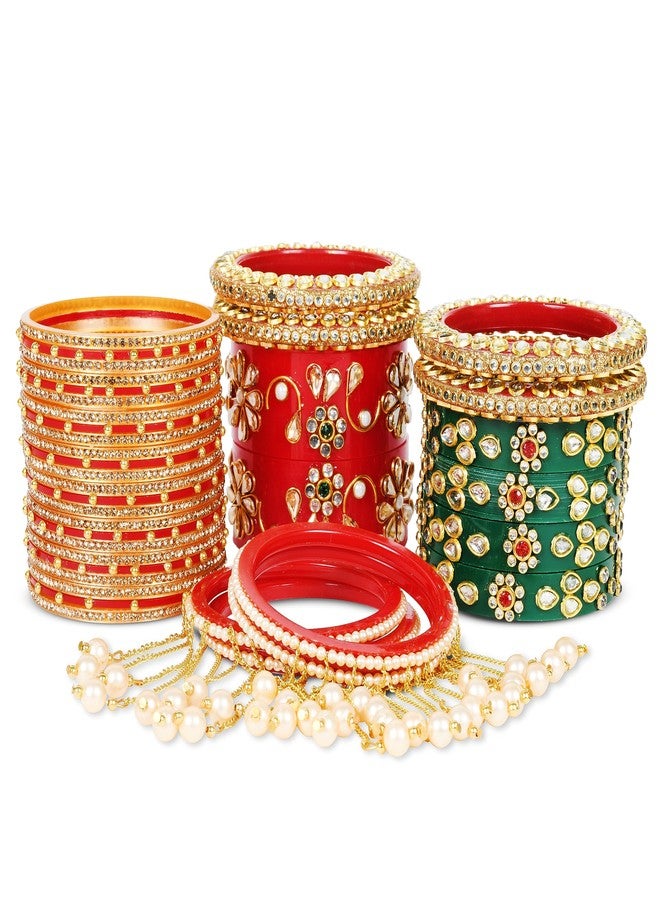 EMERY Red Bridal Chuda with Pearl Latkan Bangles Set, Pack of 38, 7 Color Options, Rajwada Design, Plastic Base, for Weddings, Engagements & Festivals (GREEN, 2.4) - Image 4