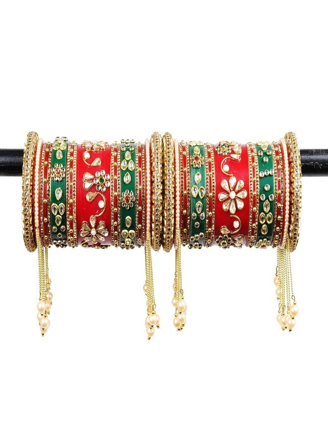 EMERY Red Bridal Chuda with Pearl Latkan Bangles Set, Pack of 38, 7 Color Options, Rajwada Design, Plastic Base, for Weddings, Engagements & Festivals (GREEN, 2.4) - Image 3