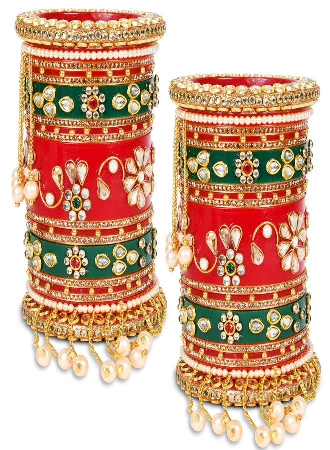 EMERY Red Bridal Chuda with Pearl Latkan Bangles Set, Pack of 38, 7 Color Options, Rajwada Design, Plastic Base, for Weddings, Engagements & Festivals (GREEN, 2.4) - Image 2