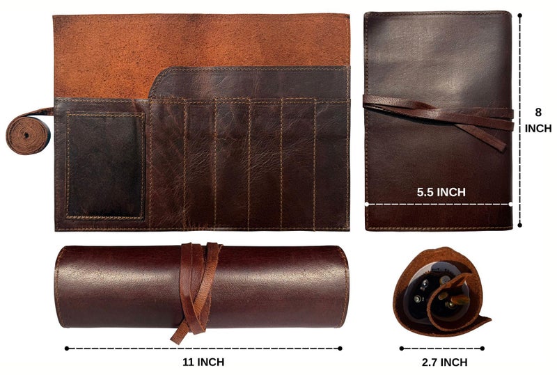 RUSTIC TOWN Leather Pencil Case Roll Up Color Pencil Organizer For Boys Girls - Pen Pouch For Artist Paint Brush Holder, School, Work & Office,Brown - Image 3