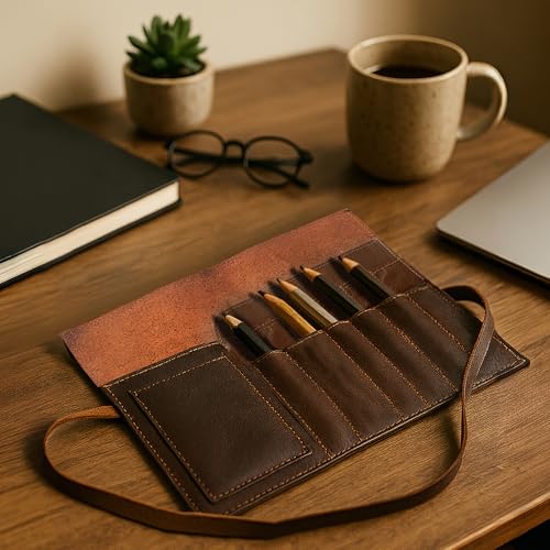 RUSTIC TOWN Leather Pencil Case Roll Up Color Pencil Organizer For Boys Girls - Pen Pouch For Artist Paint Brush Holder, School, Work & Office,Brown - Image 2
