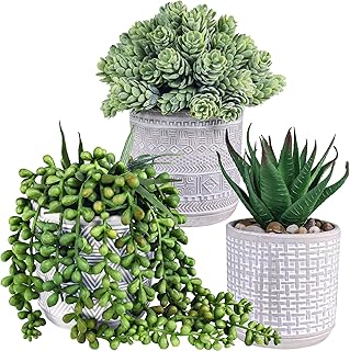 Winlyn Winlyn Set of 3 Assorted Small Potted Succulent Plants Fake Aloe String of Pearls Hops Succulents in Gray Geometric  - Image 1