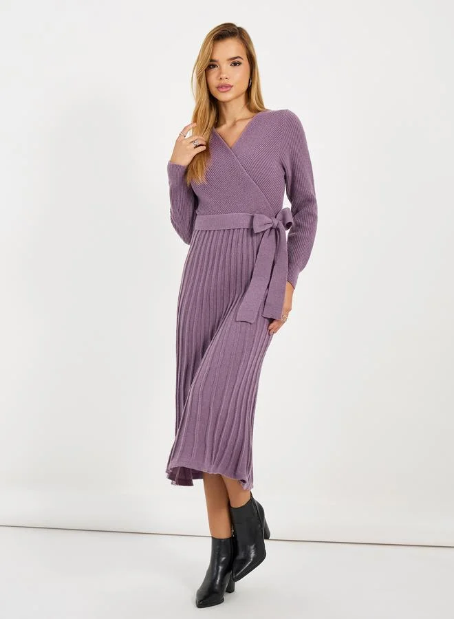 Styli Textured Knit Sweater Midi Dress with Tie Belt