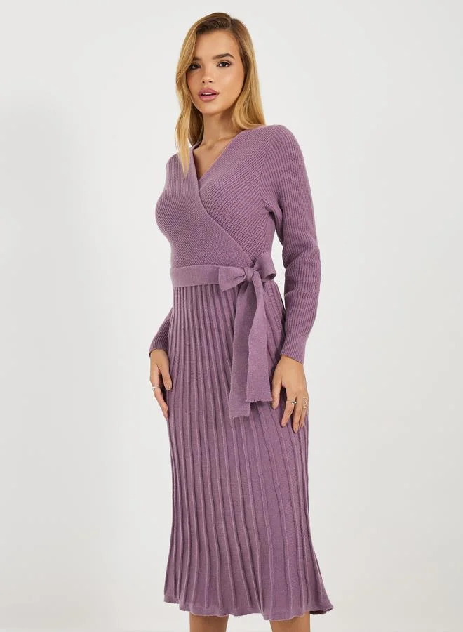 Styli Textured Knit Sweater Midi Dress with Tie Belt