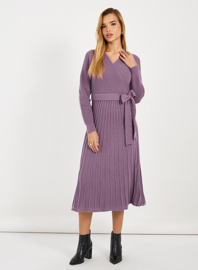 Styli Textured Knit Sweater Midi Dress With Tie Belt - Image 1